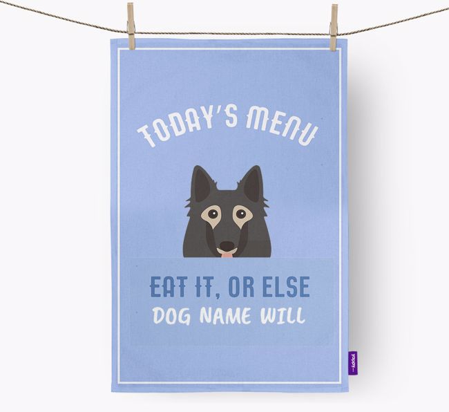 'Eat It, Or Else {dogsName} Will' - Personalised {breedFullName} Tea Towel